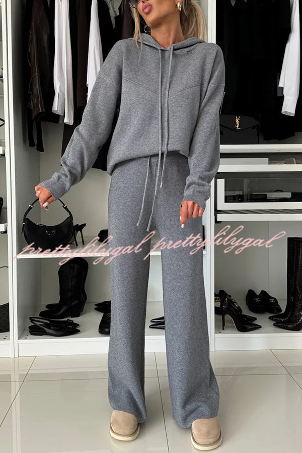 Solid Color Loose Hooded Tie Sweatshirt and Elastic Waist Casual Straight Pants Set