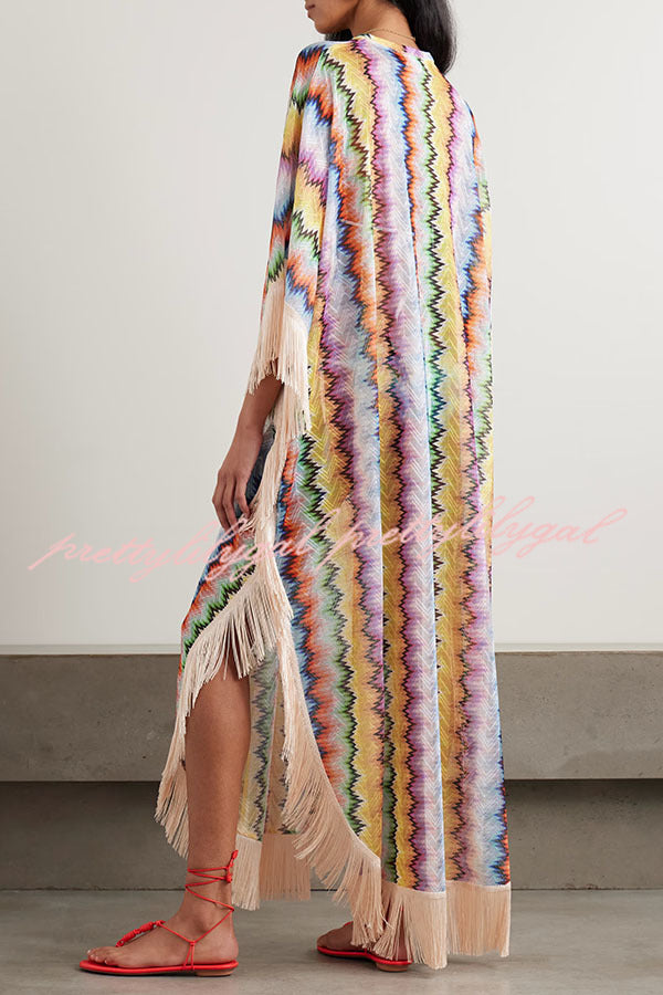 Mezcal Knit Colorful Zigzag Pattern Tassle Trim Loose Kaftan Maxi Dress
