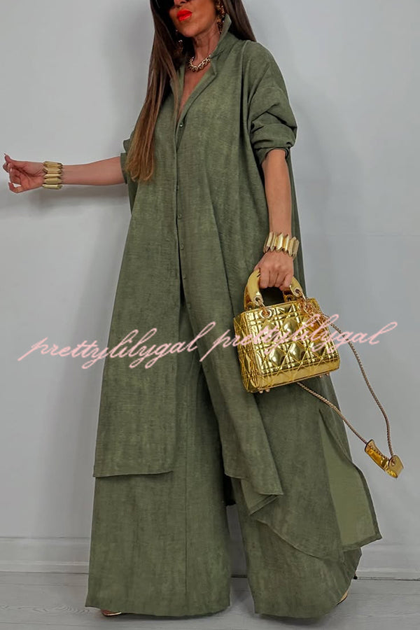 Solid Color Casual Loose Long Shirt and Elastic Waist Pocket Wide Leg Pants Set