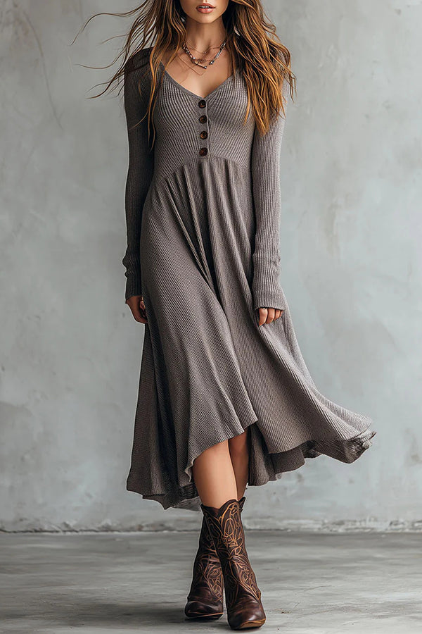 Solid Color V-neck Long-sleeved Casual Knit Midi Dress – prettylilygal
