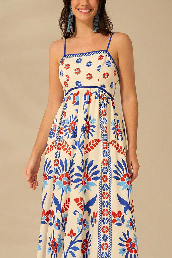 Unique Printed Sling Back Pleated Loose Holiday Maxi Dress
