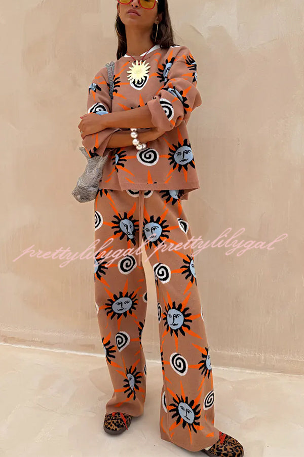 Mediterranean Art Knit Unique Sun Vortex Print Long Sleeve Relaxed Sweater