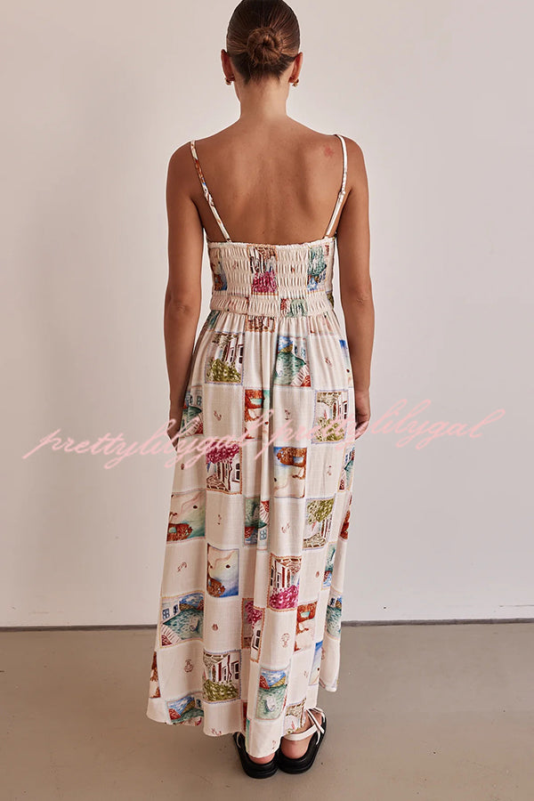 Unique Printed Sling Backless Elastic Pleated Maxi Dress