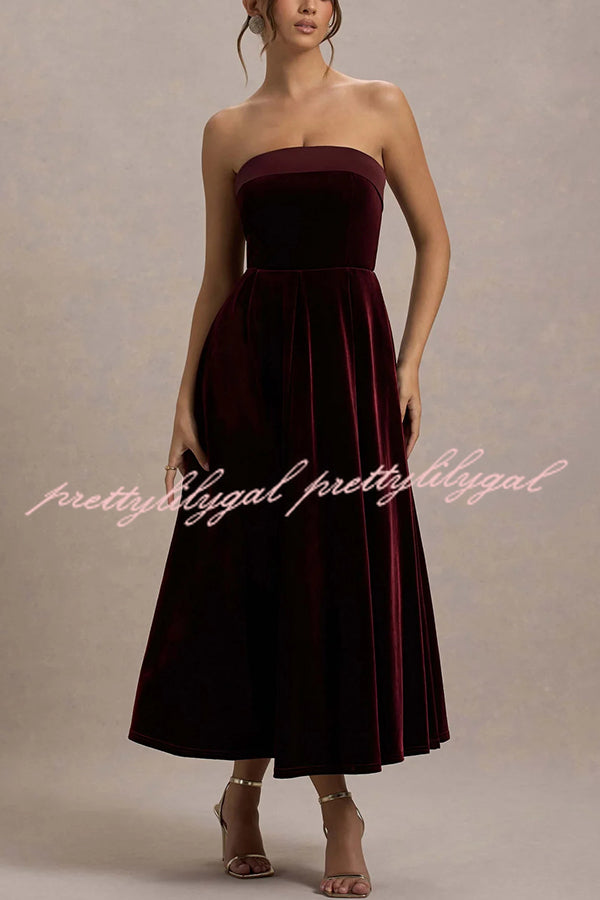 Center of Attention Velvet Satin Neck Bandeau Pleated Midi Dress