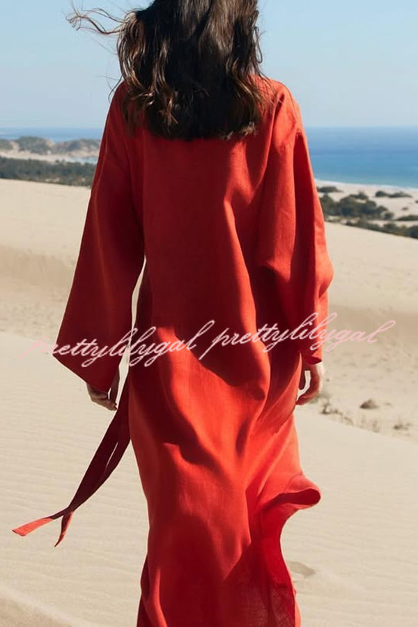 Linen Blend Solid Color Casual Lapel Tie Loose Maxi Dress
