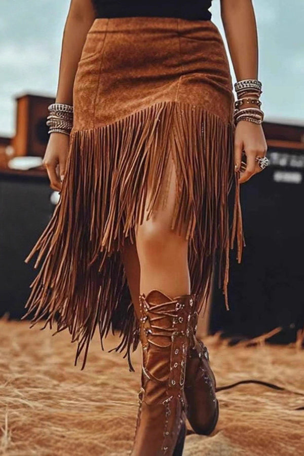 Retro High-waisted Casual Tassel Suede Midi Skirt
