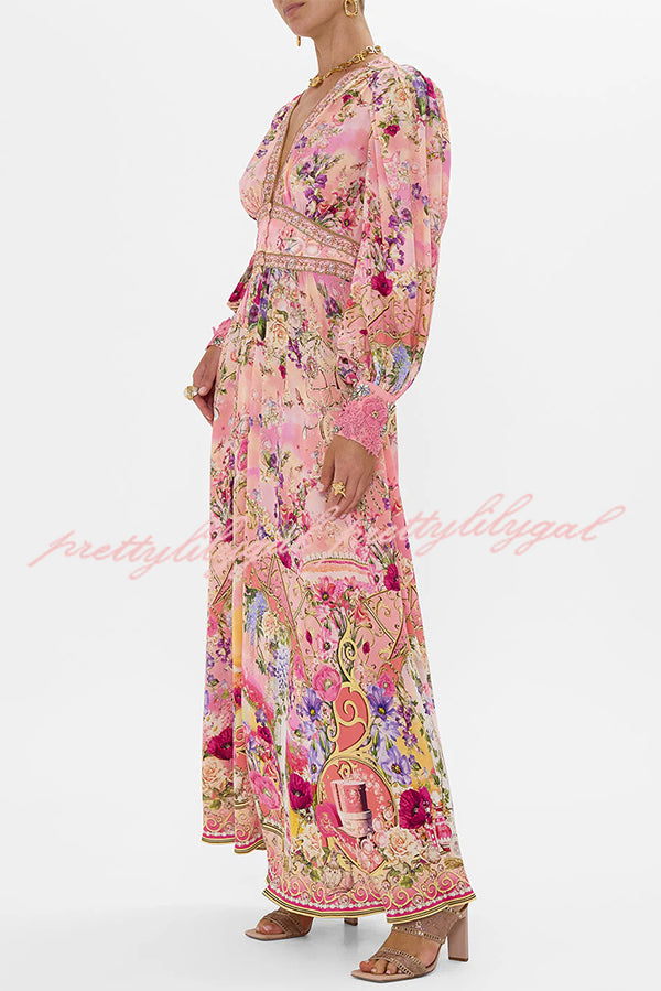 Fairy Tale Print V-Neck Lantern Sleeve Waist Maxi Dress