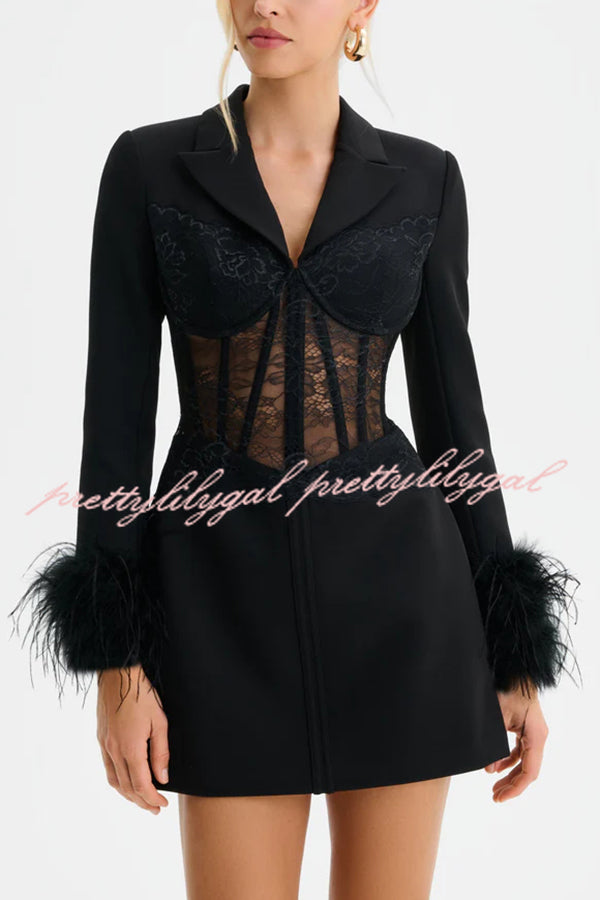 GIA Lace Corset Waist Feather Sleeve Structured Lapel Blazer Mini Dress