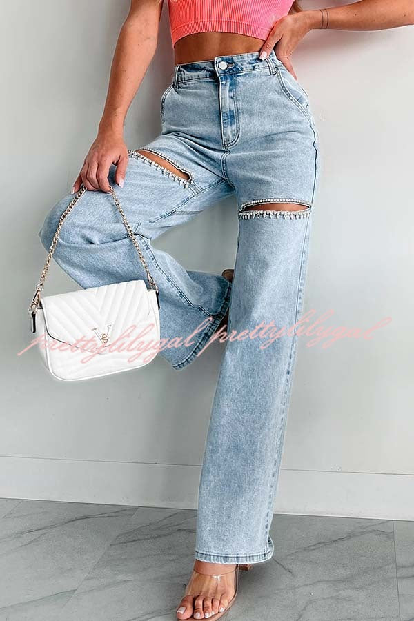 Blowing Your Mind Slit-Front Wide Leg Pocket Rhinestone Jeans