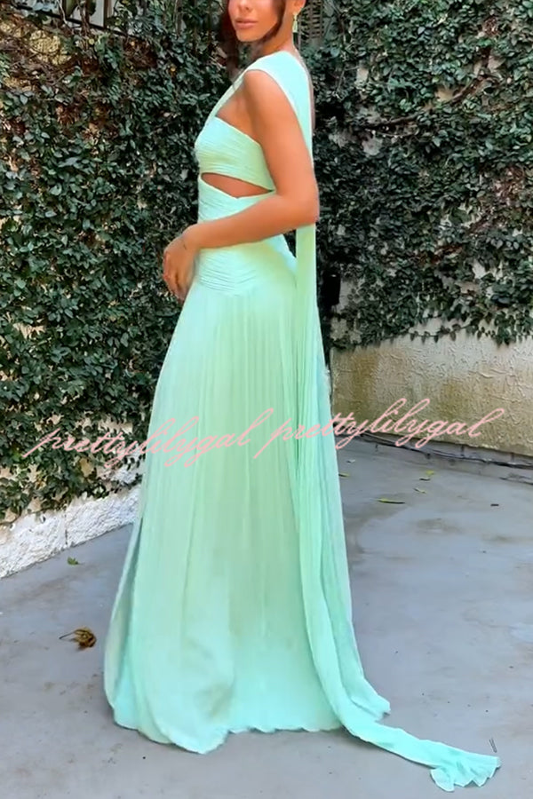 Forest Muse Chiffon Pleated Off Shoulder Cutout Waist Cape Maxi Dress
