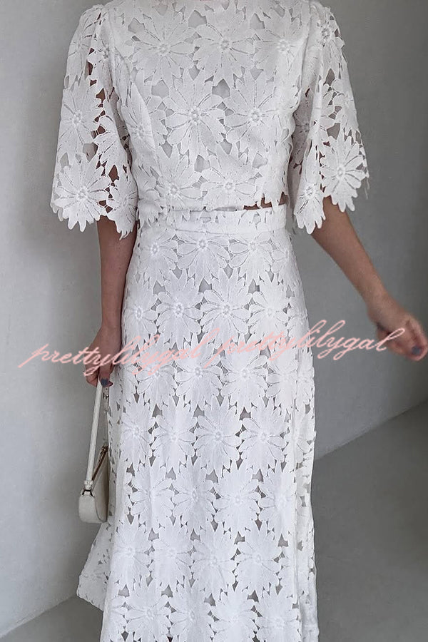 Elegant Embroidered Hollow Flowers Bell Sleeve Top and Full Hem Maxi Skirt Set