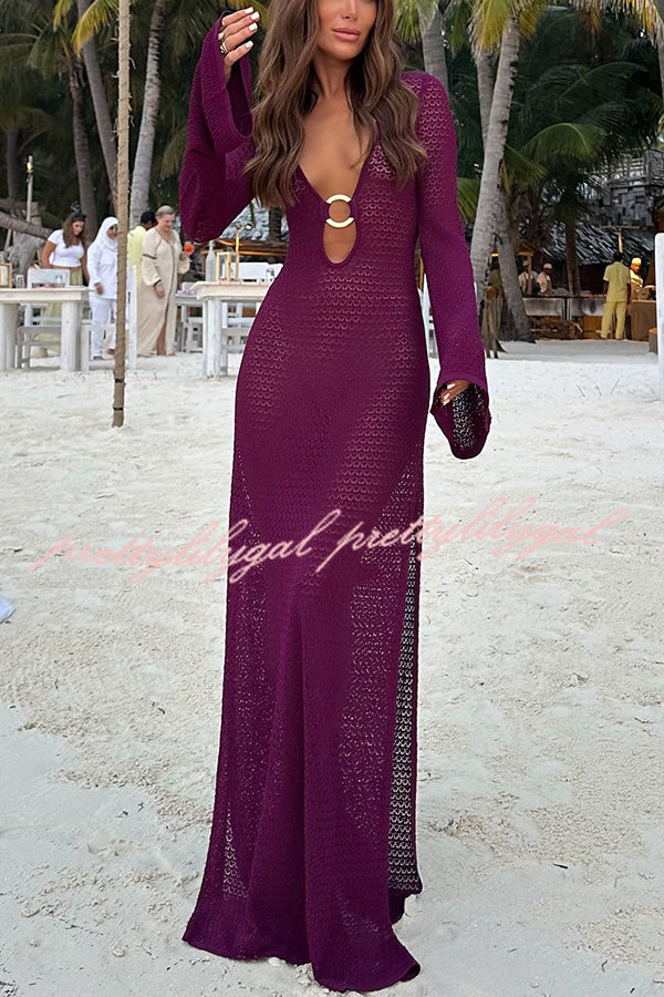 Seaside Goddess Crochet Knit Hollow Out Golden Ring Long Sleeve Cover-up Maxi Dress