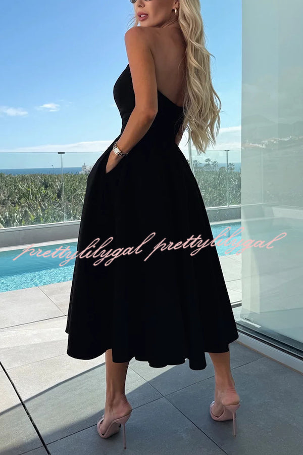 Sweet Cascade Solid Color Off Shoulder Pocket Full Hem Midi Dress