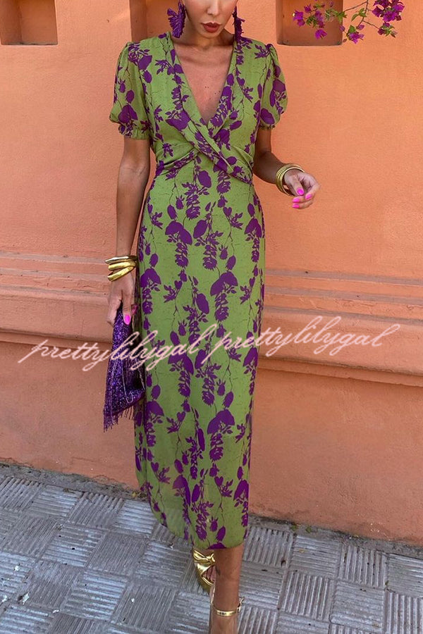 Botanical Print V-neck Puff Sleeve Tie Waist Midi Dress