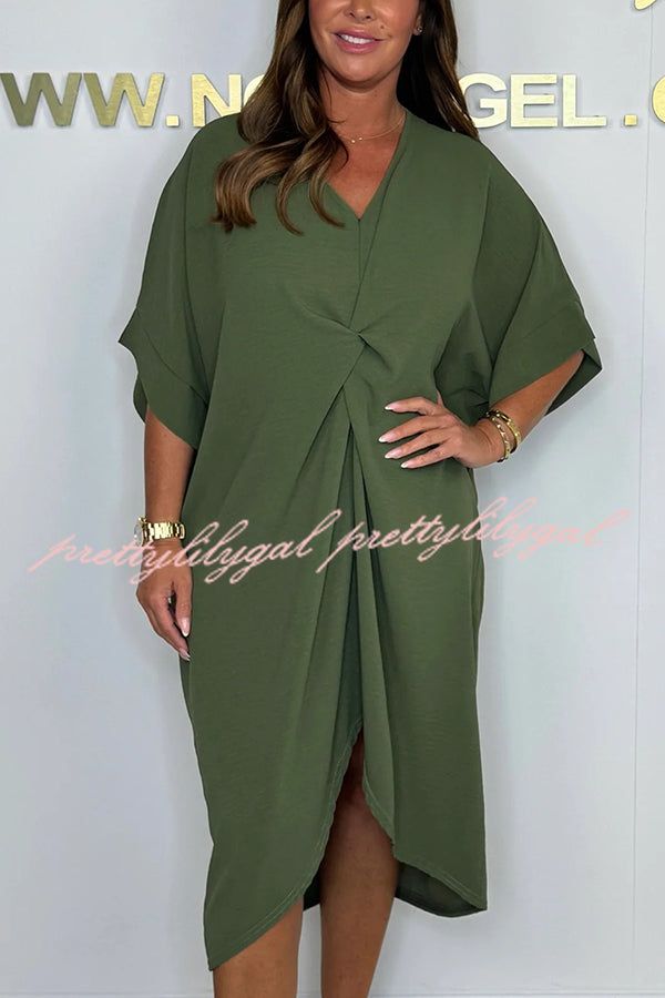 Solid Color V-neck Cross Knot Casual Irregular Midi Dress