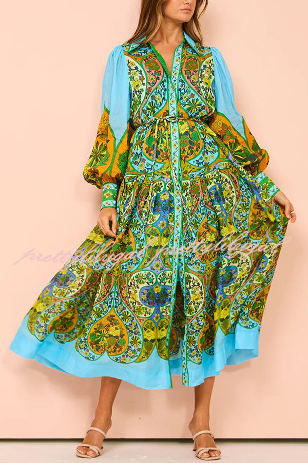 Feeling Butterflies Multi Unique Print Balloon Sleeve Belt Shirt Midi Dress