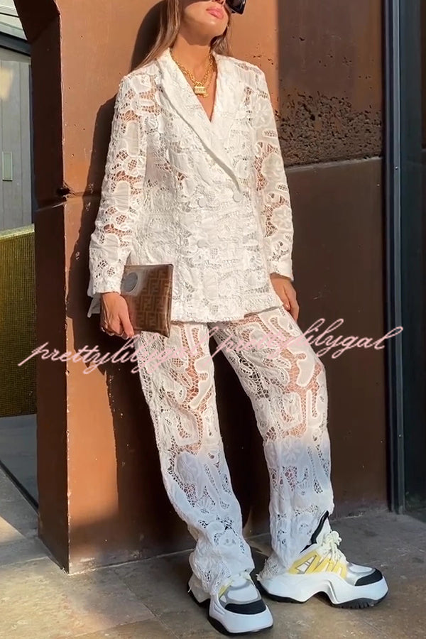 Fashionable Lace Long-sleeved Lapel Loose Top and Casual Hollow Pants Set