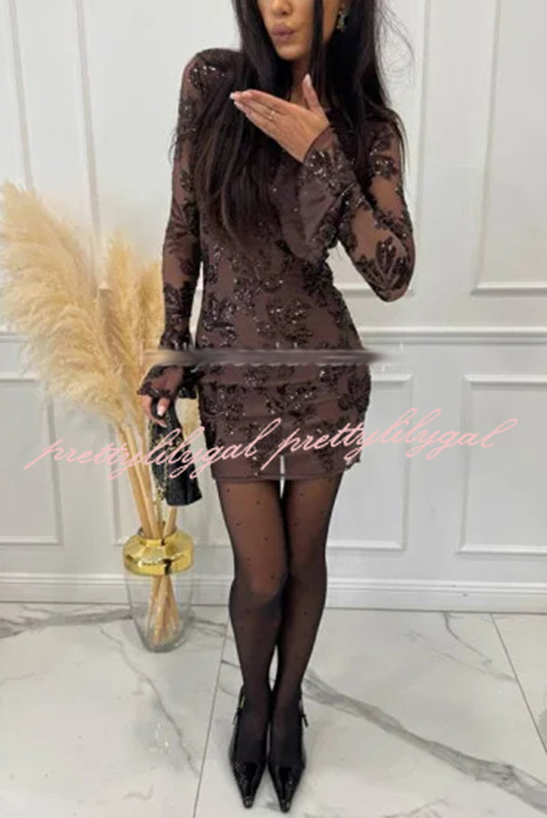 Deep and Dazzling Floral Texture Sequin Long Bell Sleeve Open Back Mini Dress