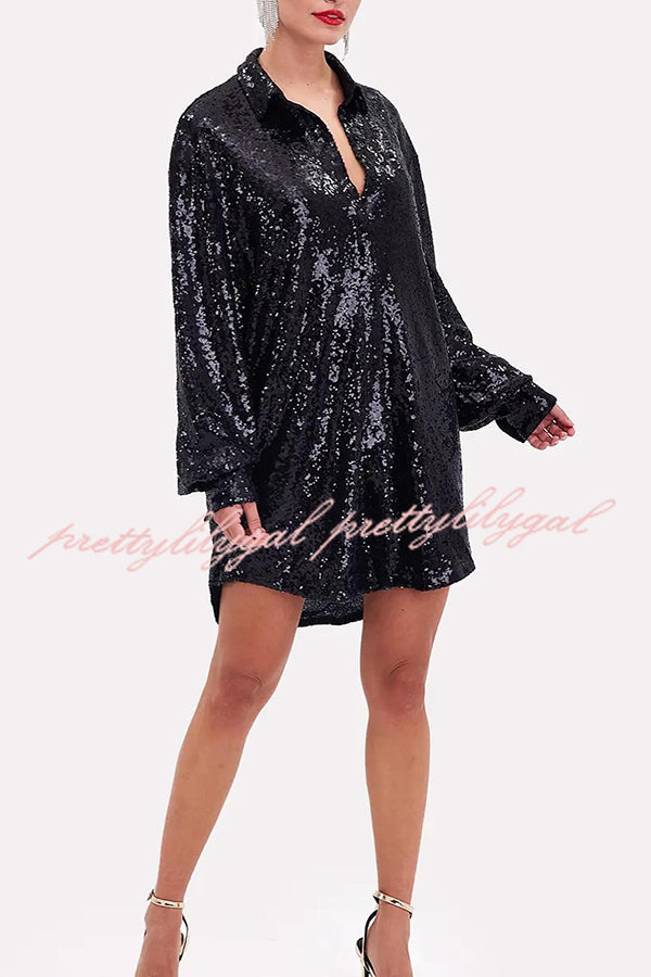 Solid Color Sequined Long-sleeved Casual Mid-length Loose Shirt