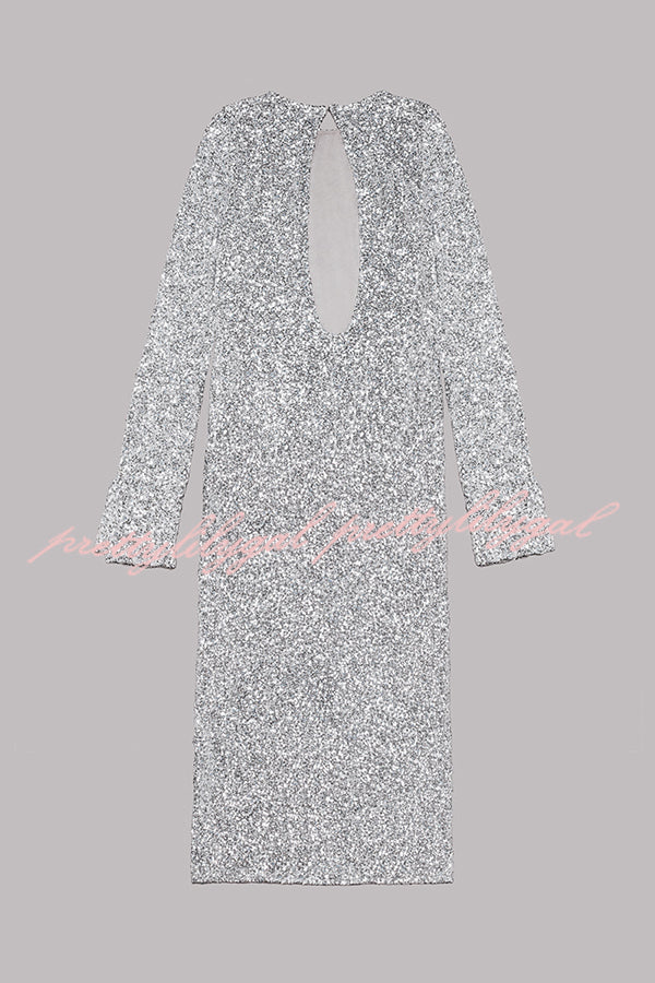 Ignite Sparkly Nights Sequin Extra Long Sleeve Open Back Loose Midi Dress