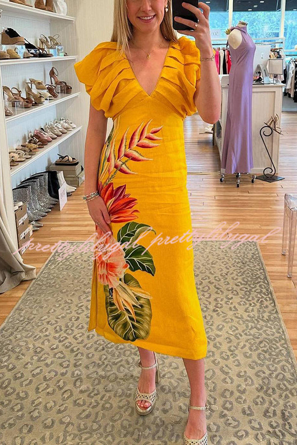 Plant Print V-neck Open Back Holiday Style Slit Midi Dress