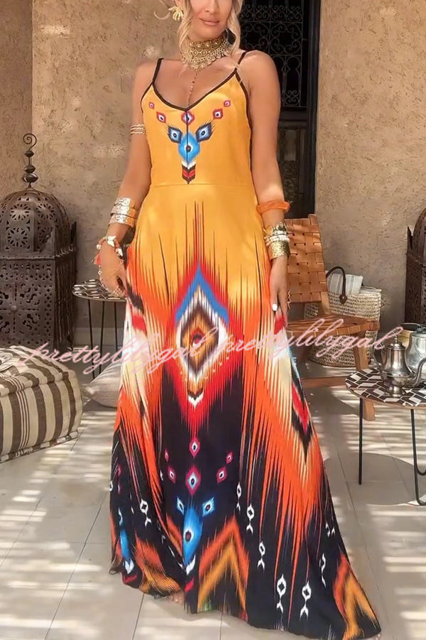 Unique Printed Suspender V-neck Loose Maxi Dress