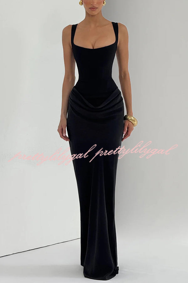 Larrah Square Neck Back Lace-up Satin Drape Hem Maxi Dress