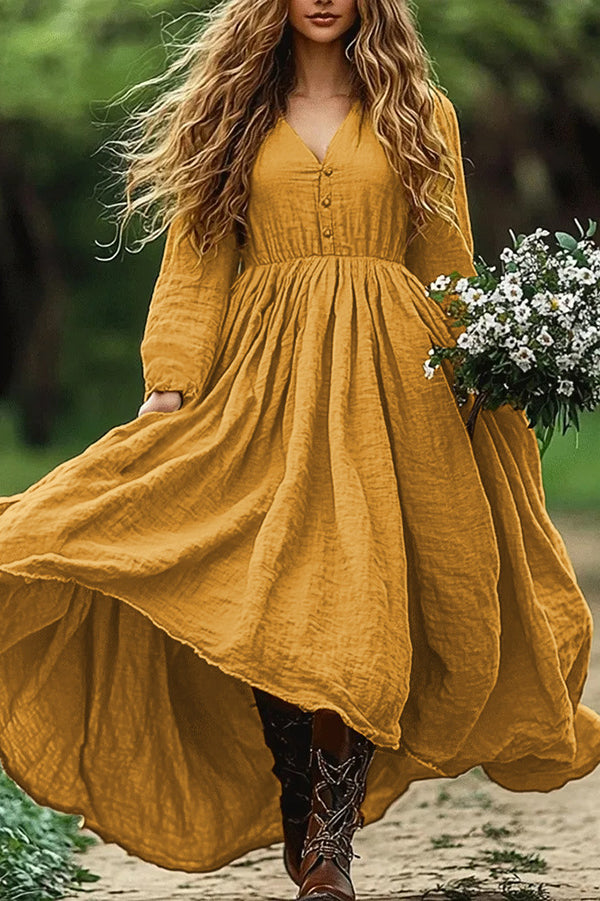 Linen Blend Resort Style V-neck Long-sleeved Swing Maxi Dress