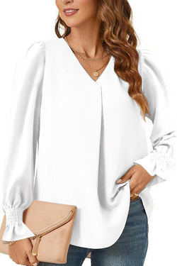 Solid Color V-neck Elastic Cuffs Long-sleeved Loose Top