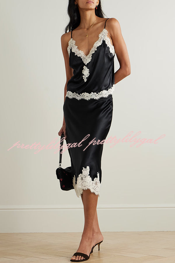 Celebration Look Contrast Color Satin Lace Trim Elastic Waist Drape Midi Skirt