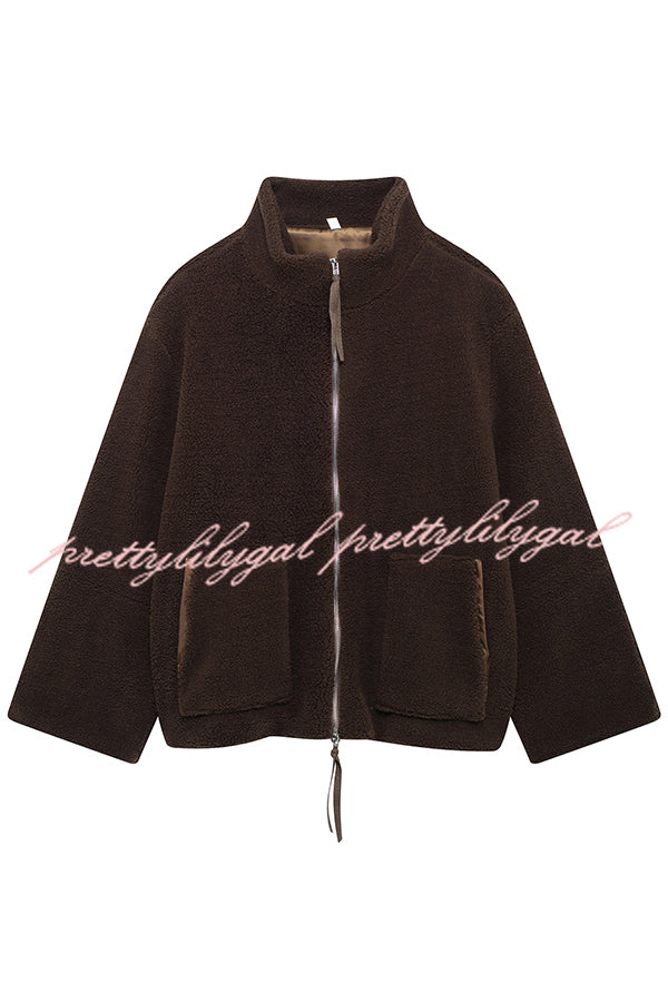 Solid Color Stitching High Collar Long Sleeve Loose Pocket Woolen Coat