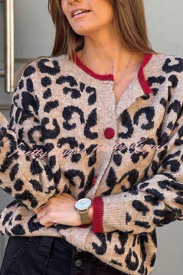 Leopard Print Crew Neck Long-sleeved Loose Knit Cardigan