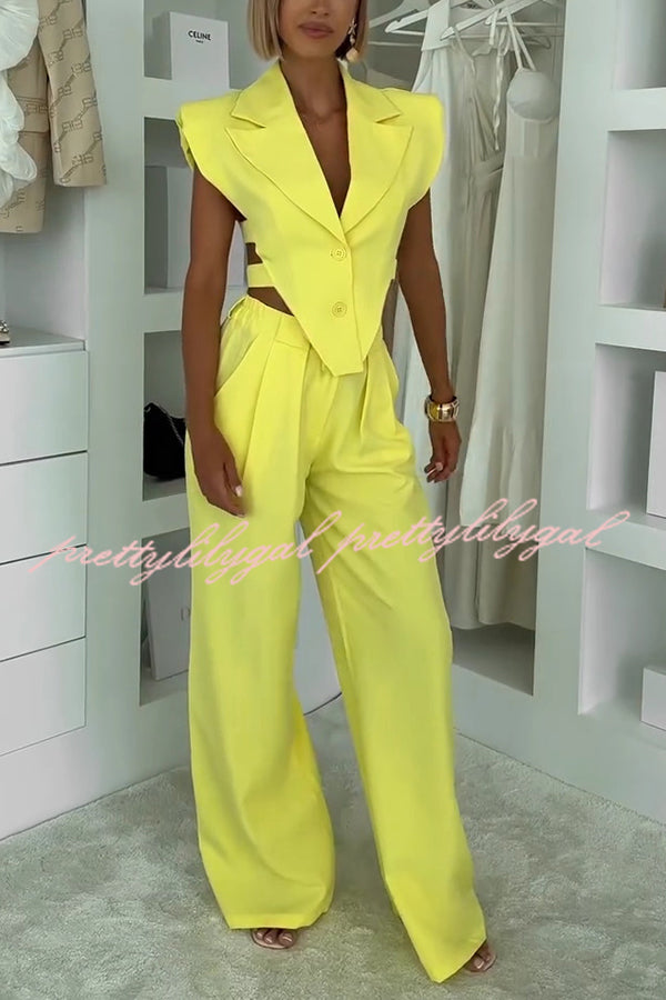 Fashion Style Lapel Waist-baring Irregular Vest and  Elastic Waist Pocket Loose Pants Set