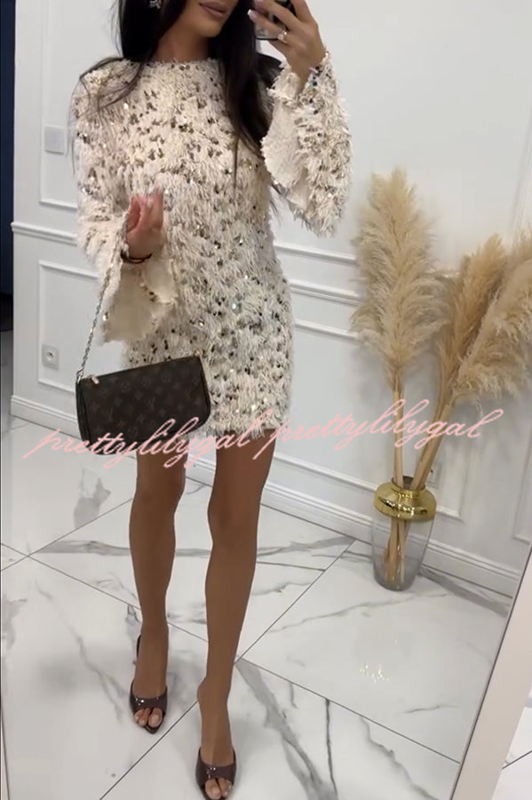 Twilight Ember Knit Sequin Tassels Wide Neck Long Bell Sleeve Mini Dress