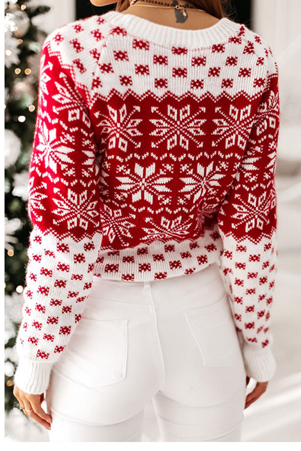 Christmas Pattern Knitted Crew Neck Long Sleeved Sweater