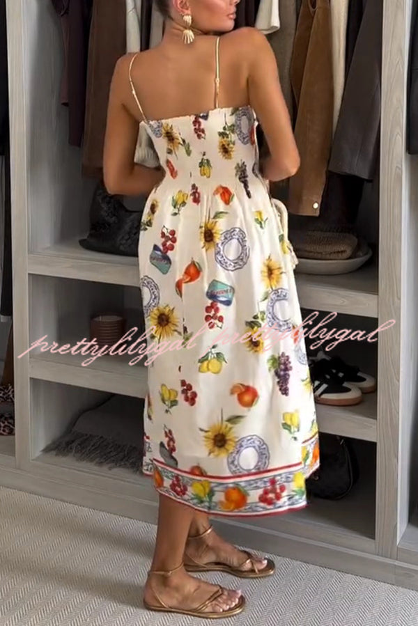 Summer Fruit Print Sling Pleated Vacation Midi Dress