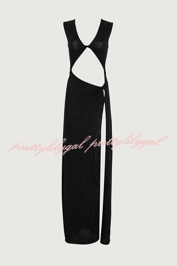 Beautiful Figure Shiny Knit Fabric Cutout Side Slit Stretch Vacation Maxi Dress