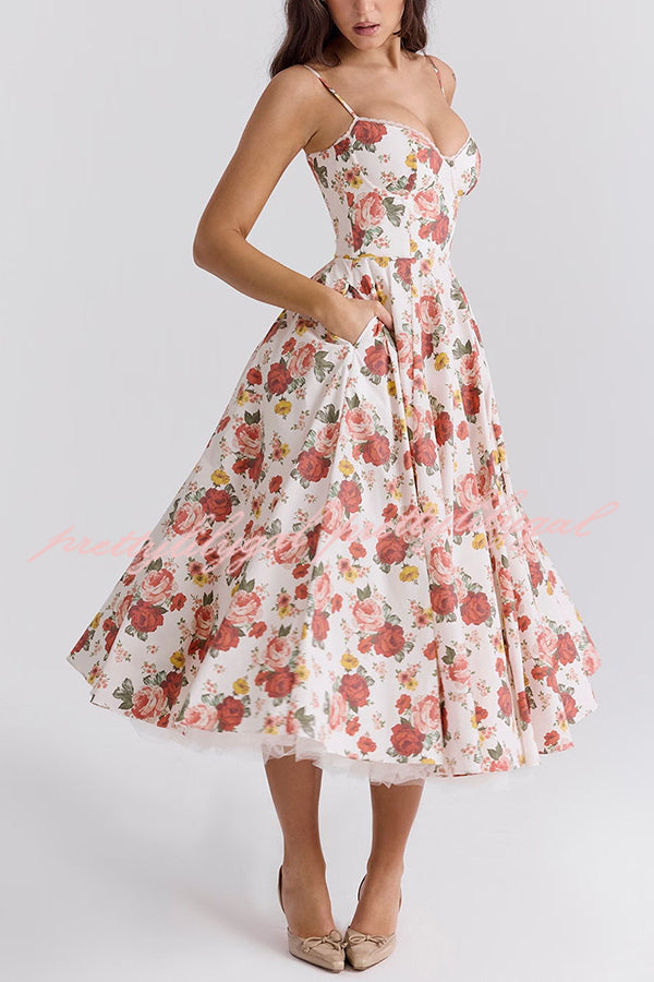 Fairy Tale Gorgeous Italian Rose Print Tulle Pocketed Slip Midi Dress