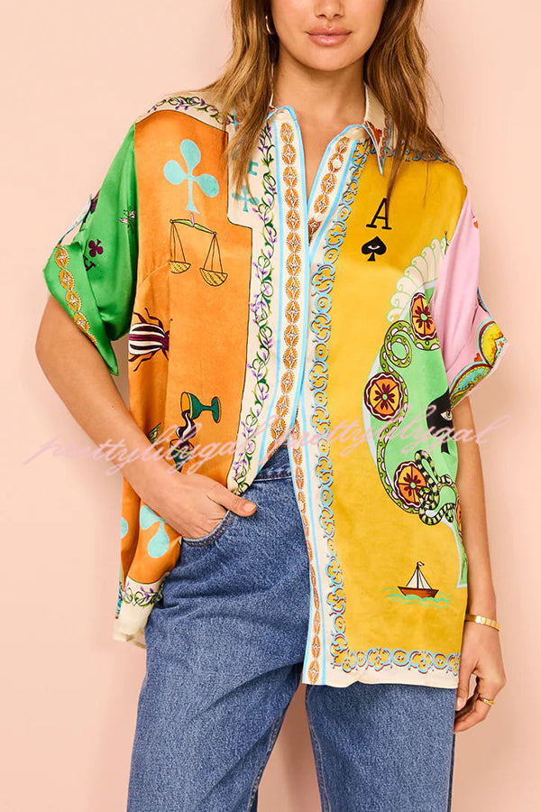 Funny Poker Summer Satin Unique Print Button Down Oversized Blouse