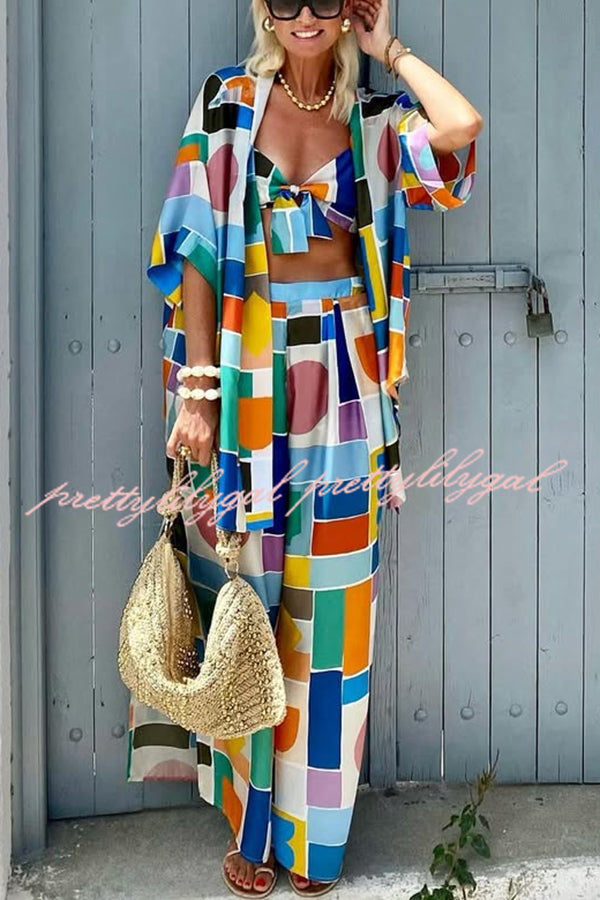 Summer Colors Printed Kimono + Knotted Tank + Elastic Waist Pocket Three-pieces Pants Set