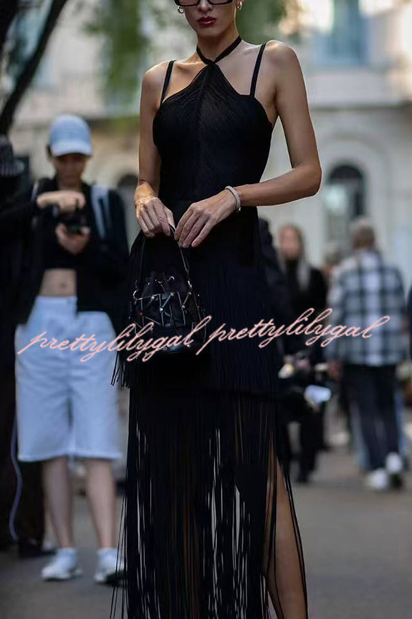 Sexy Halterneck Open Back Elegant Tassel Slim Maxi Dress