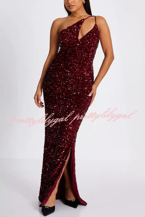 Glam Day Velvet Sequin One Shoulder Cutout Detail Slit Stretch Maxi Dress