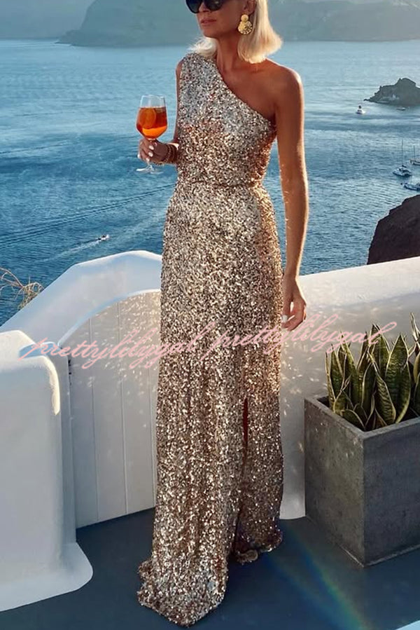 Santorini Night Sequin Fabric One Shoulder Slit Maxi Dress