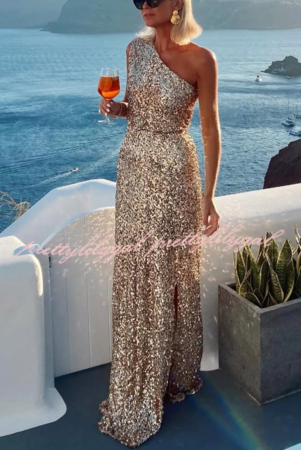 Santorini Night Sequin Fabric One Shoulder Slit Maxi Dress