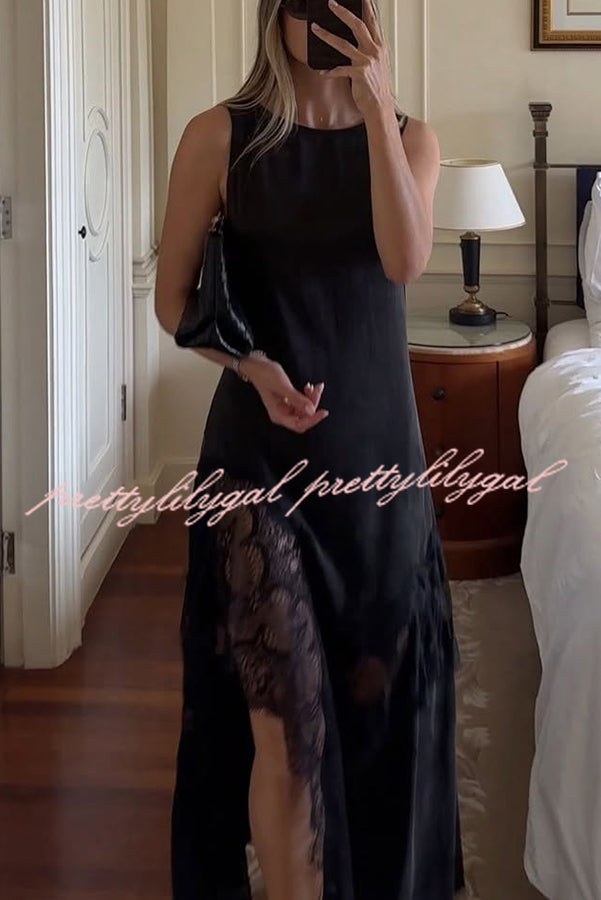 Pretty Soul Satin Lace Trim Wide Neck Irregular Hem Slit Maxi Dress