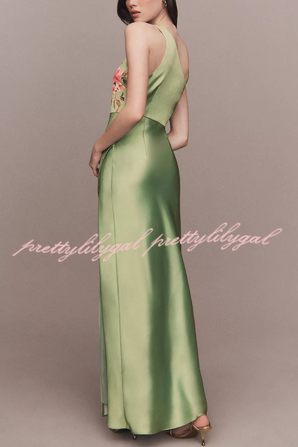 Wedding  Guest Satin Floral Print One Shoulder Side Slit Maxi Dress