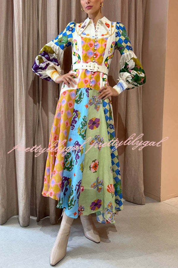 Bold and Chic Irregular Unique Print Balloon Sleeve Belt Shirt Midi Dress