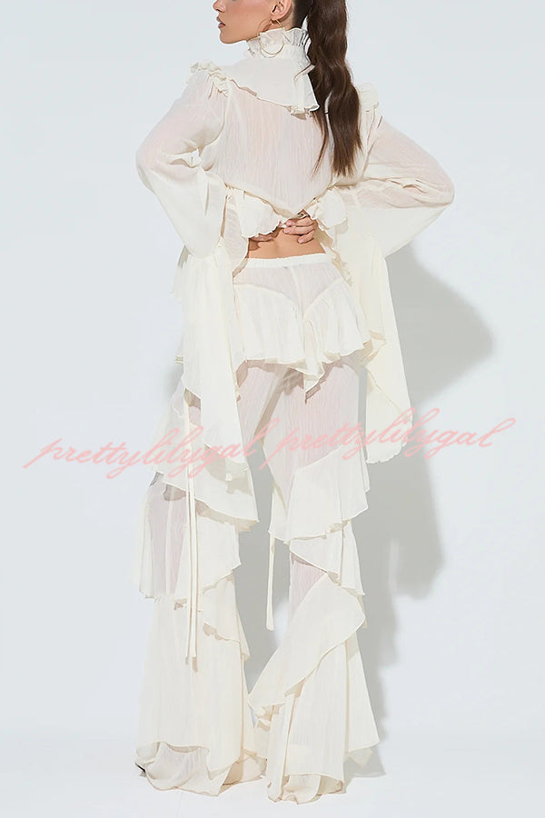 Fashionable Ruffled Elastic Waist Holiday Style Flared Pants