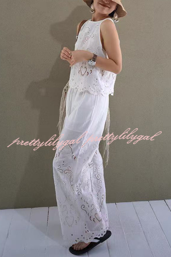 Linen Blend Solid Color Embroidered Hollow Loose Vest and Elastic Waist Casual Pocket Wide Leg Pants Set