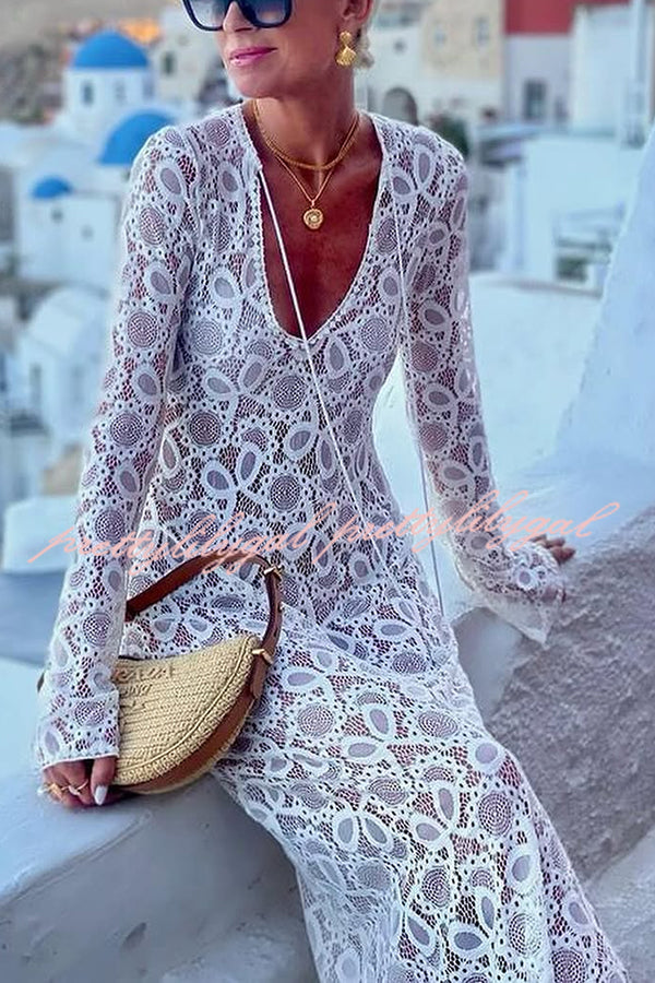 Santorini Sunset Floral Lace Long Sleeve Slit Vacation Maxi Dress